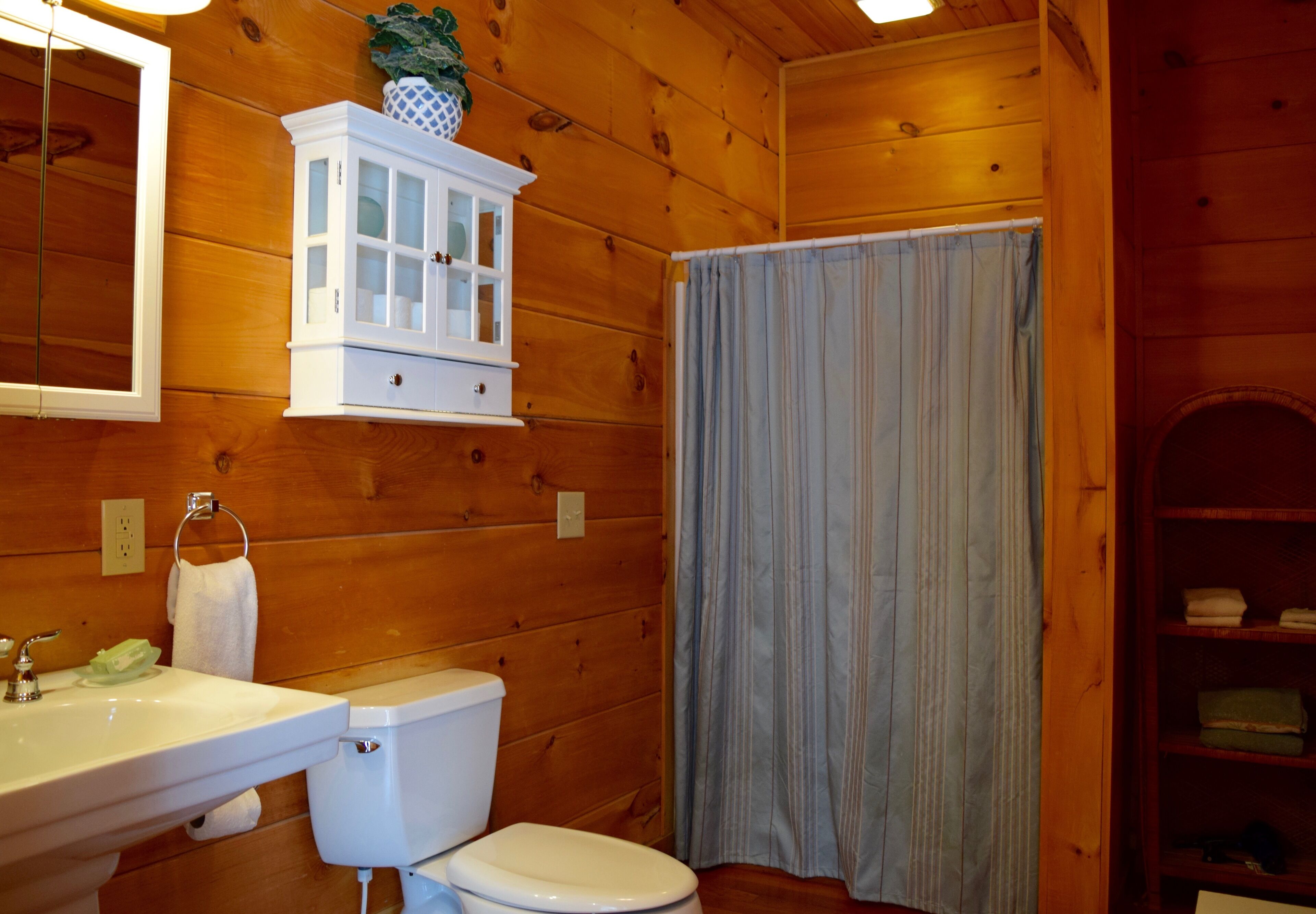 Ein Badezimmer in einer Holzhütte mit Waschbecken, Toilette und einem Schrank darüber.