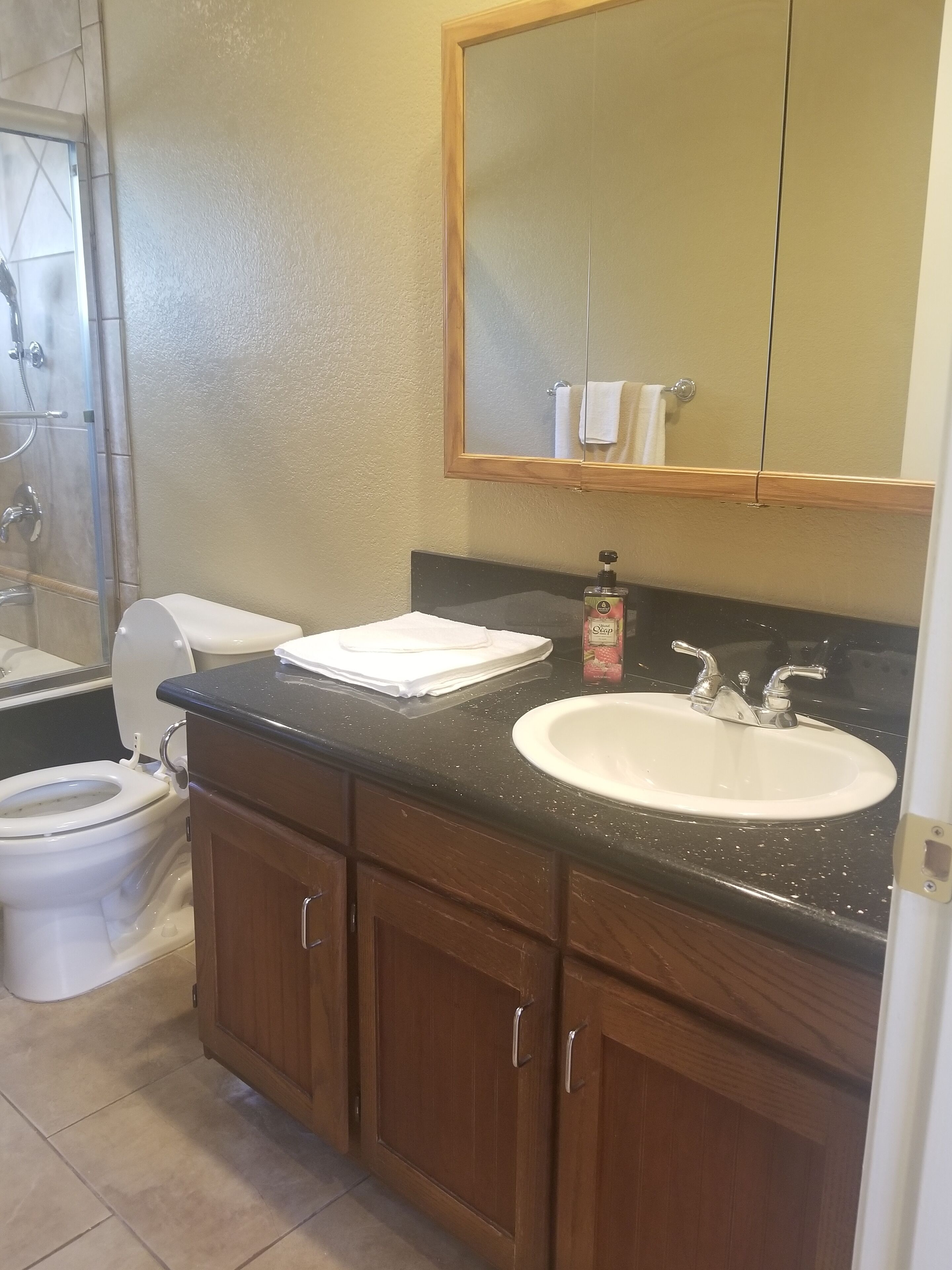 Un baño con inodoro, lavabo, espejo y armario.