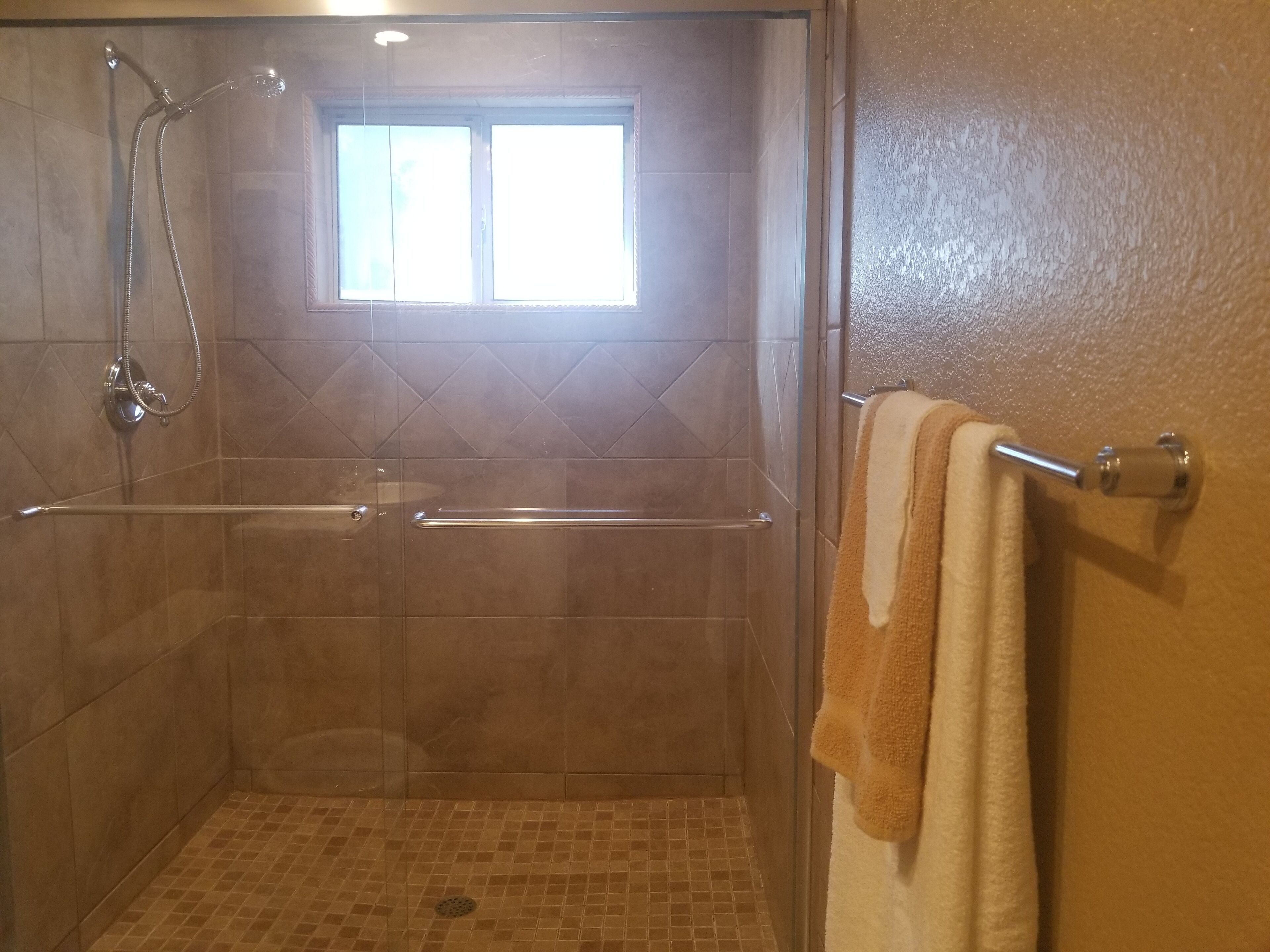 Hair dryer, towels, shampoo, toilet paper