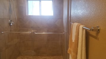 Hair dryer, towels, shampoo, toilet paper