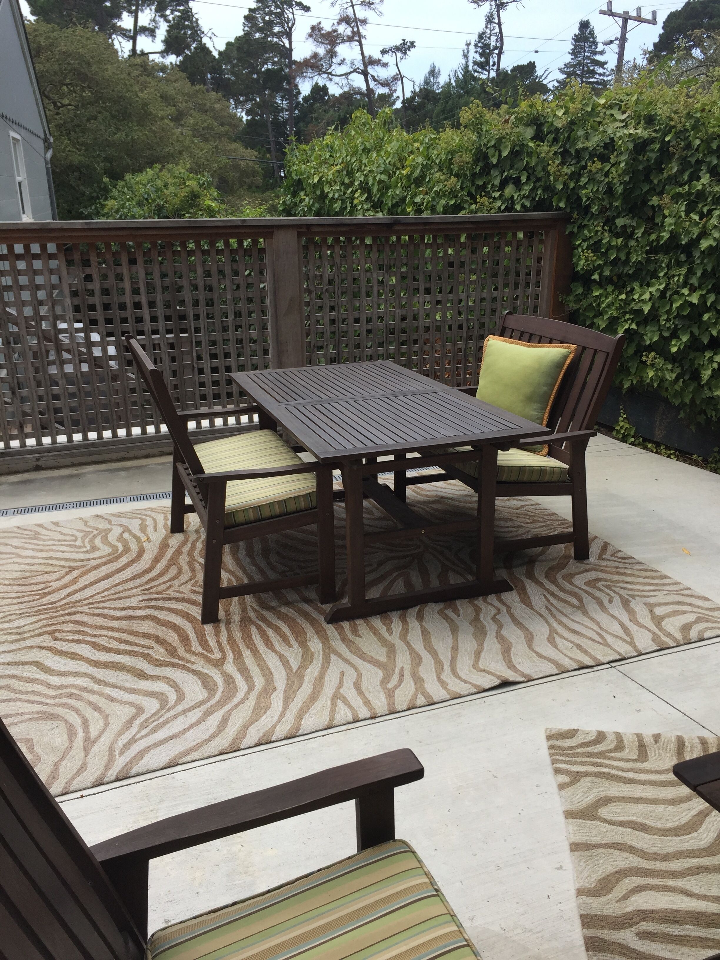 A patio with a wooden table and chairs, a zebra-patterned rug, and a wooden fence.