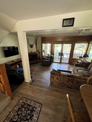 Flat-screen TV, fireplace, DVD player, books