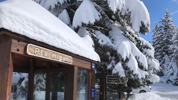 Ein Holzhaus mit einem Schild, das "Ptarmigan" zeigt, und einem weiteren Schild, das "Ptarmigan Reihenhäuser 1975" angibt.