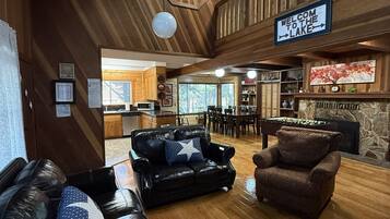 TV, fireplace, table football, books