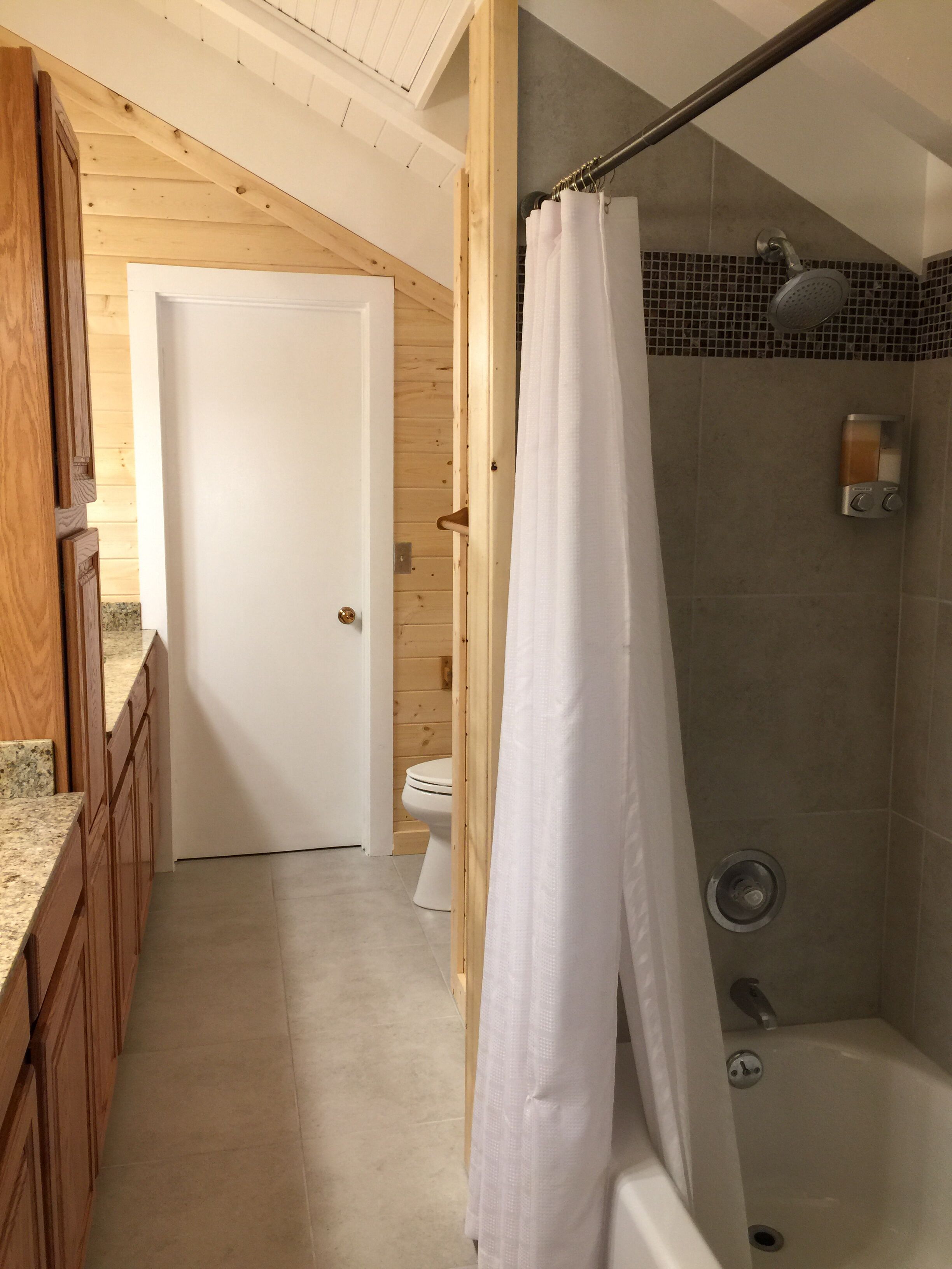 A bathroom with a shower, toilet, and wooden cabinets.