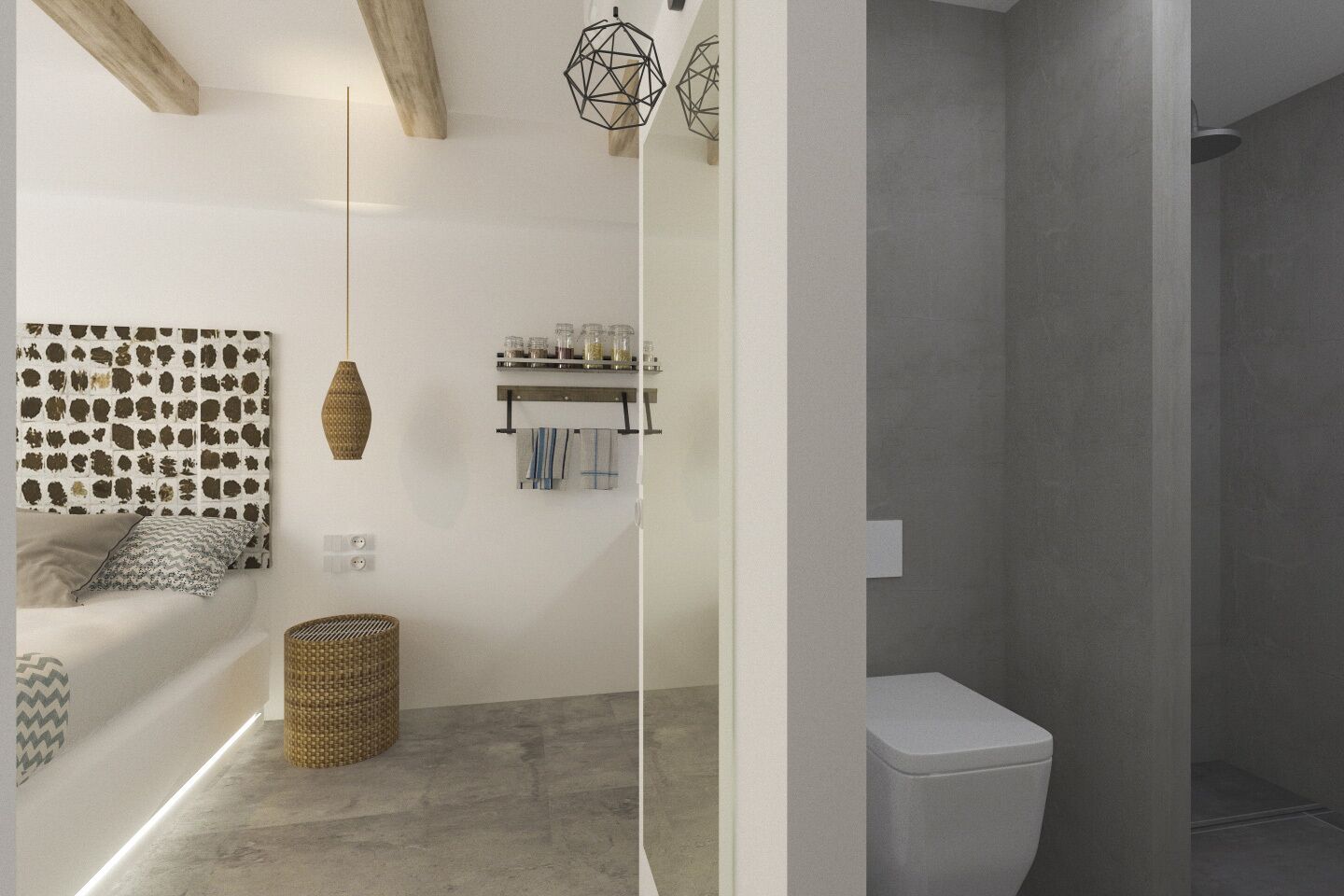 A modern bathroom with a grey shower, a white toilet, and a woven basket on the floor.