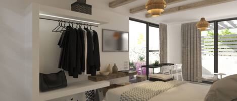 A modern bedroom with a bed, a clothing rack, a TV, and a window with a view of greenery.