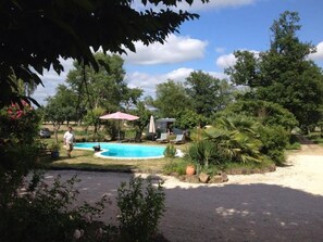 Alberca al aire libre, sombrillas en la alberca y camastros