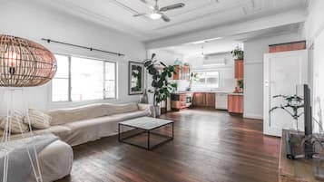 Smart TV, fireplace, books, stereo