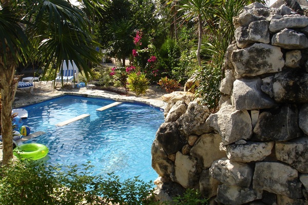 Una piscina al aire libre, sillones reclinables de piscina