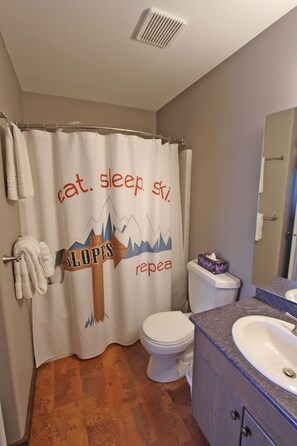 Combined shower/bathtub, hair dryer, towels, soap - Beautifully Appointed Deluxe Home - Backing onto Attridge chair close to village (Silver Star Mountain)
