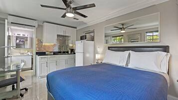 1 bedroom, hypo-allergenic bedding, desk, iron/ironing board