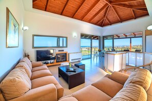 Villa, Private Pool | Living room | Flat-screen TV, fireplace - Secret Escape Villa With Heated Pool (Platanias)