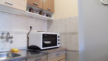 Microwave, coffee/tea maker, cookware/dishes/utensils