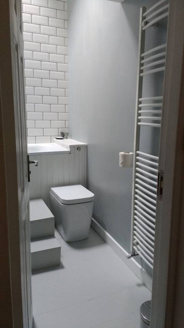 A narrow bathroom with a toilet, sink, and steps leading to a shower area. - Cosy cottage, Hebden Bridge centre, near Rail Station (Hebden Bridge)