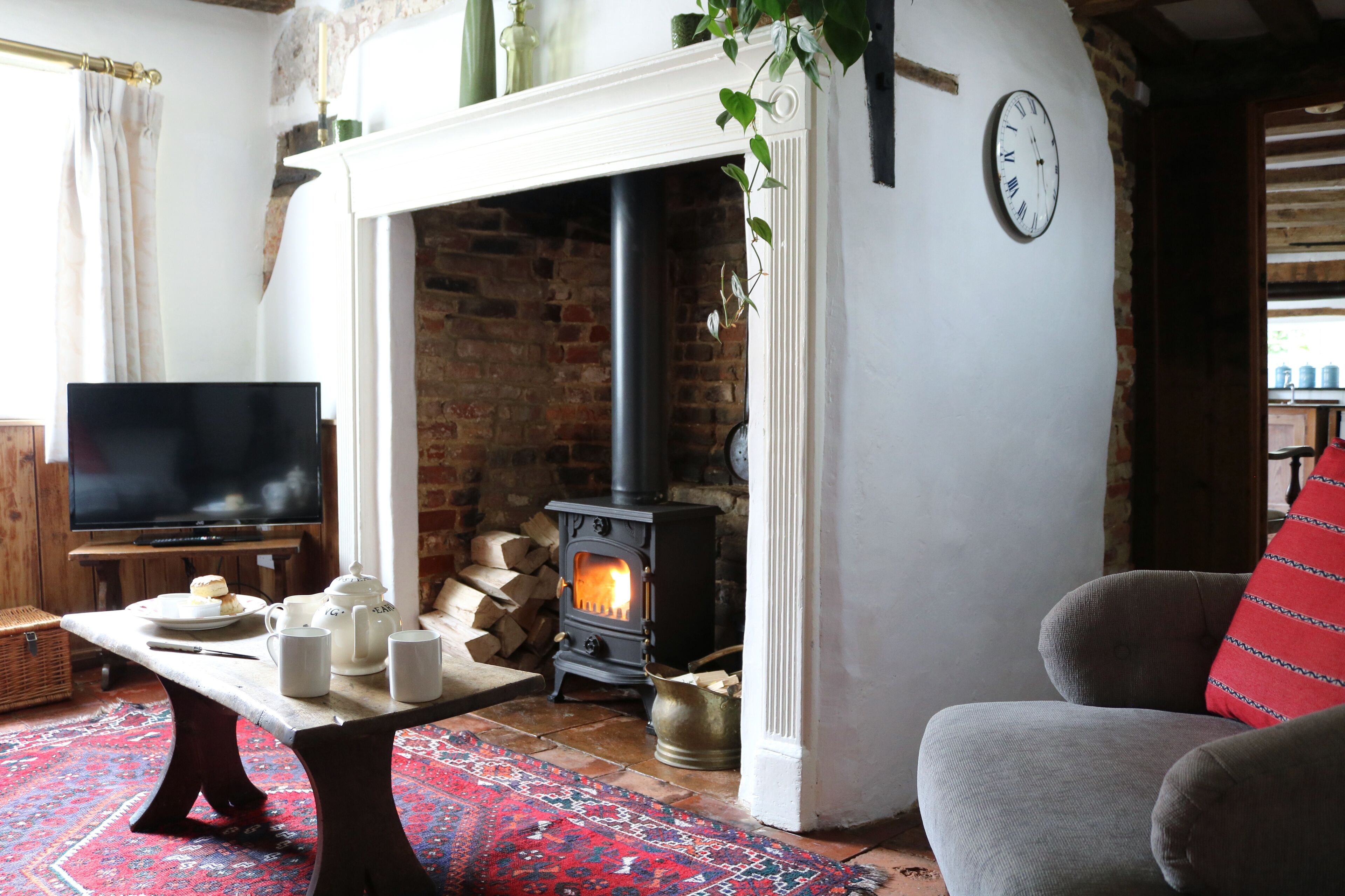 智能電視、壁爐、DVD 播放機、書籍