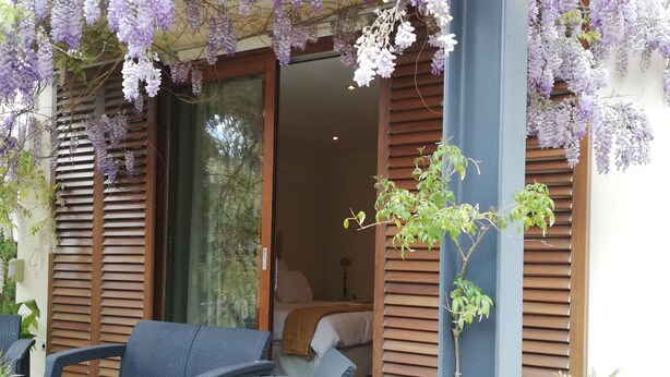 Ein überdachter Außenbereich mit Korbmöbeln und violetten Blumen.