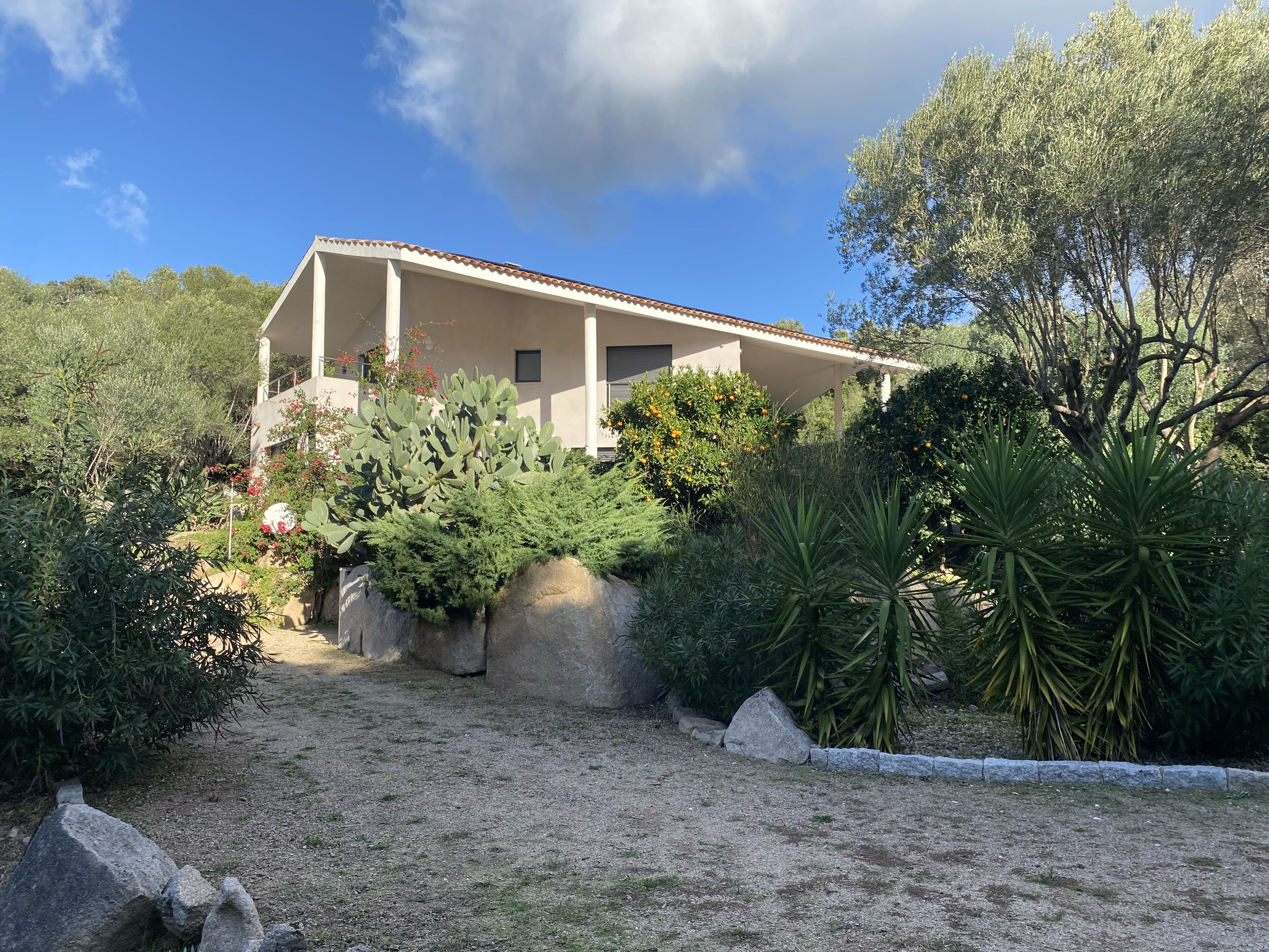 Ein Haus mit Garten, großen Steinen und Kakteen.