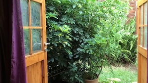 Una terraza de madera con ventana que da a un jardín exuberante.