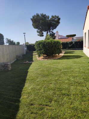 Une pelouse bien entretenue, avec un petit arbre et un arbuste, un mur de pierres et, au fond, un bâtiment doté d’un toit en tuiles.