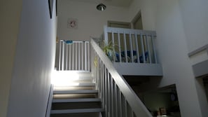 Una escalera con barandillas blancas y una planta en maceta en el rellano.