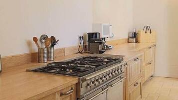 Una cocina con estufa, horno y armarios de madera.