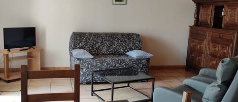A living room with a sofa, a television, a wooden cabinet, and a patterned rug.