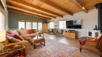 TV connectée, cheminée, lecteur de DVD, livres