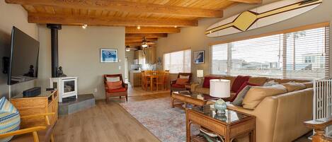 TV connectée, cheminée, lecteur de DVD, livres