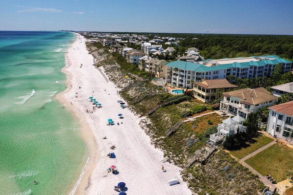 On the beach, sun-loungers, beach towels