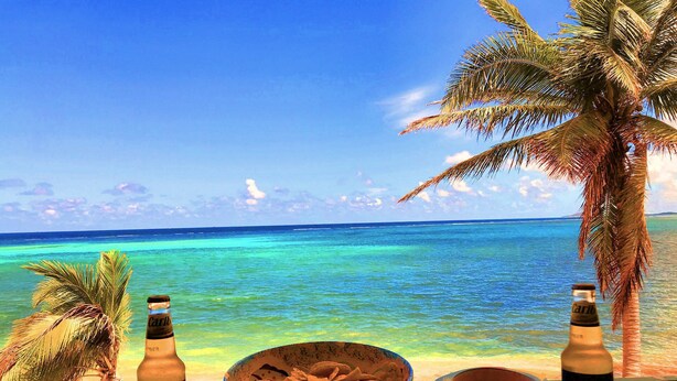 Vista de playa con dos botellas de cerveza Carib, un bol de aperitivos y una palmera.