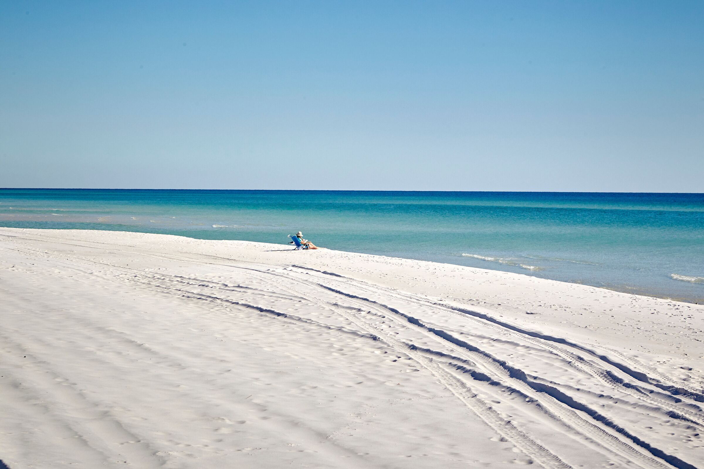 On the beach, sun loungers
