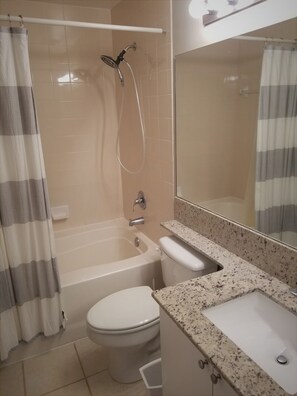 Combined shower/tub, hair dryer, towels, soap - Large fully furnished, quiet condo with lake view, pool and tennis court (Naples)