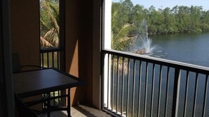 A balcony with a view of a lake and trees. - Large fully furnished, quiet condo with lake view, pool and tennis court (Naples)