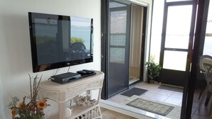 A living room with a flat-screen TV mounted on the wall, a white wicker console table with a DVD player, and a potted plant with flowers. - 1 month minimum, waterfront, see dolphins, pool/hot tub (Saint Petersburg)