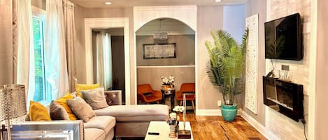 Smart TV, fireplace, video games, books