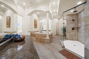 Combined shower/tub, jetted tub, hair dryer, bidet