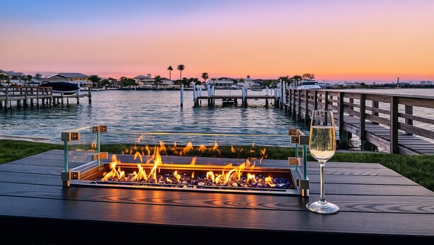 Terraza frente al agua con una chimenea integrada y una copa de vino.
