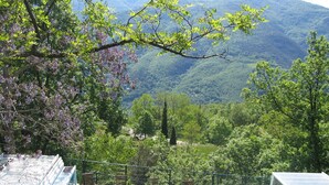 Une terrasse dotée d’un sol en pierre et de rampes en métal, offrant une vue sur une vallée verdoyante, parsemée d’arbres et bordée de montagnes lointaines.