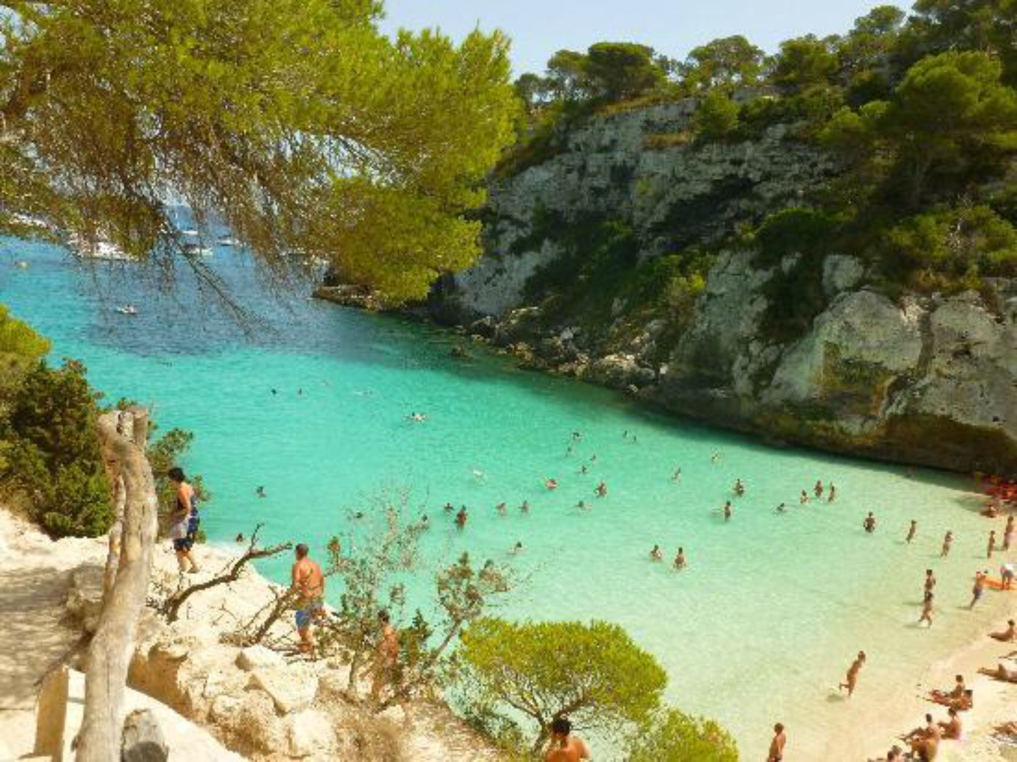 Een kuststrand met helder turquoise water, rotsachtige kliffen en weelderige begroeiing.