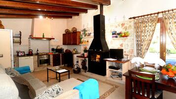 Televisie, een open haard, een dvd-speler en een tafeltennistafel