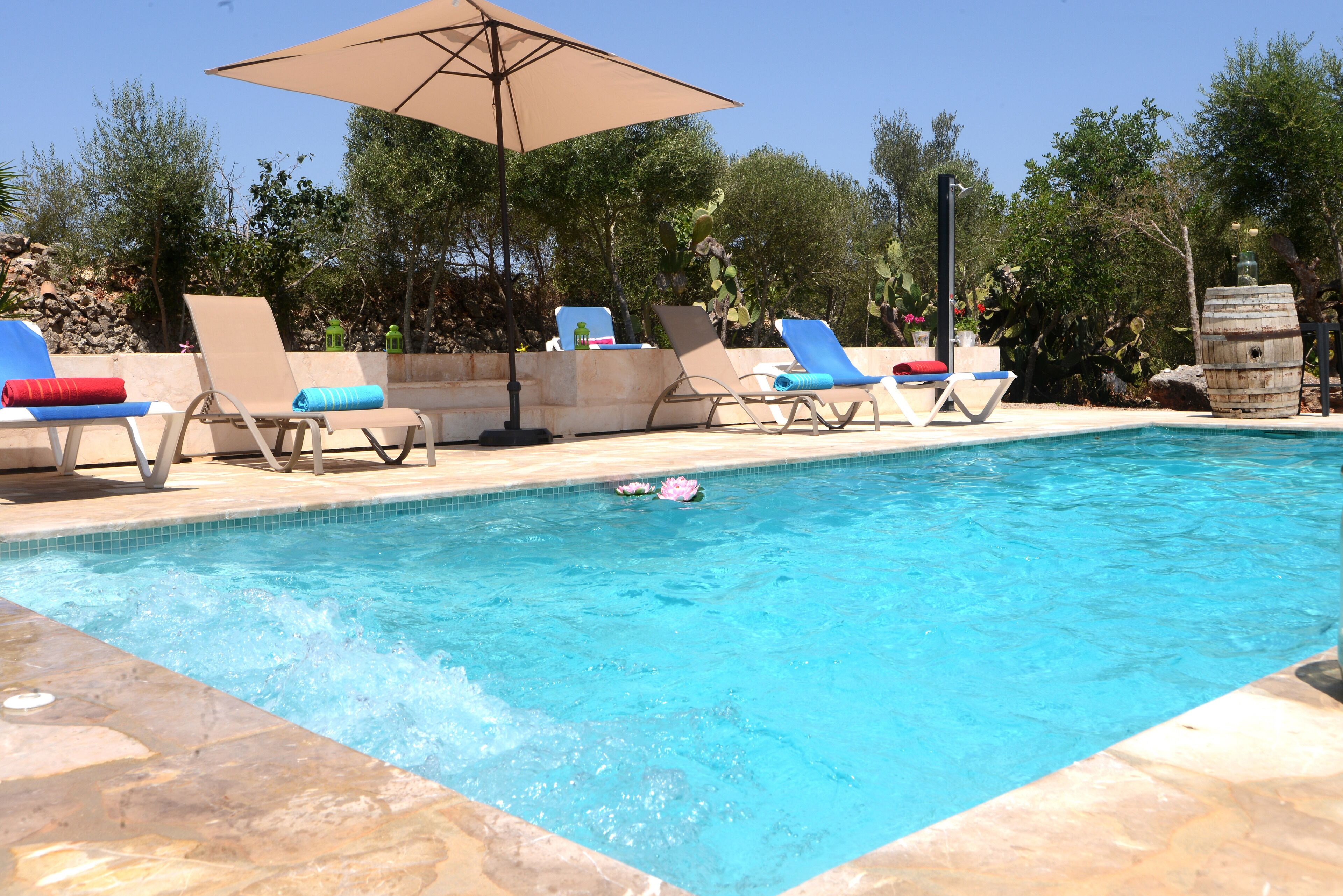Una piscina con sillas de descanso y una sombrilla.