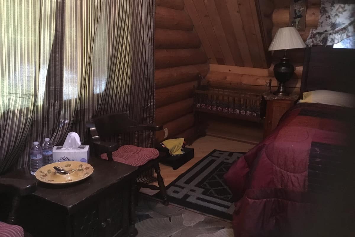 A log cabin room with a wooden bed, a small table with a plate and a tissue box, a chair, a lamp, and a patterned rug.