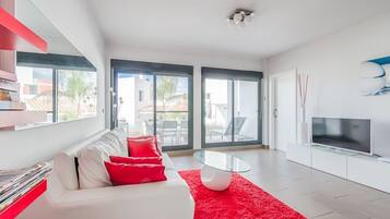 Smart-TV, DVD-spiller, bøker og stereoanlegg