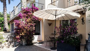 Een terras met een tafel en stoelen, een grote parasol en bougainvillea planten.