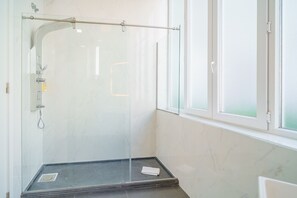 Shower, hair dryer, towels