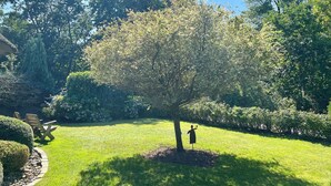 A well-maintained garden with a large tree, a lawn, and a decorative sculpture.