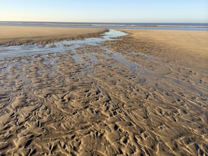 Een strand met nat zand en plassen water in het midden.