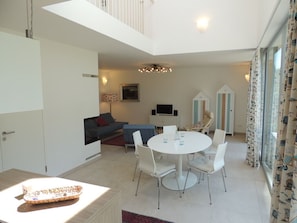 Smart TV, fireplace, DVD player, books