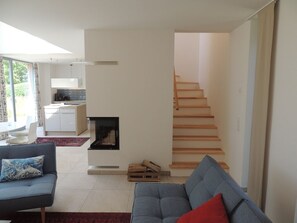 Älytelevisio, takka, DVD-soitin, kirjoja